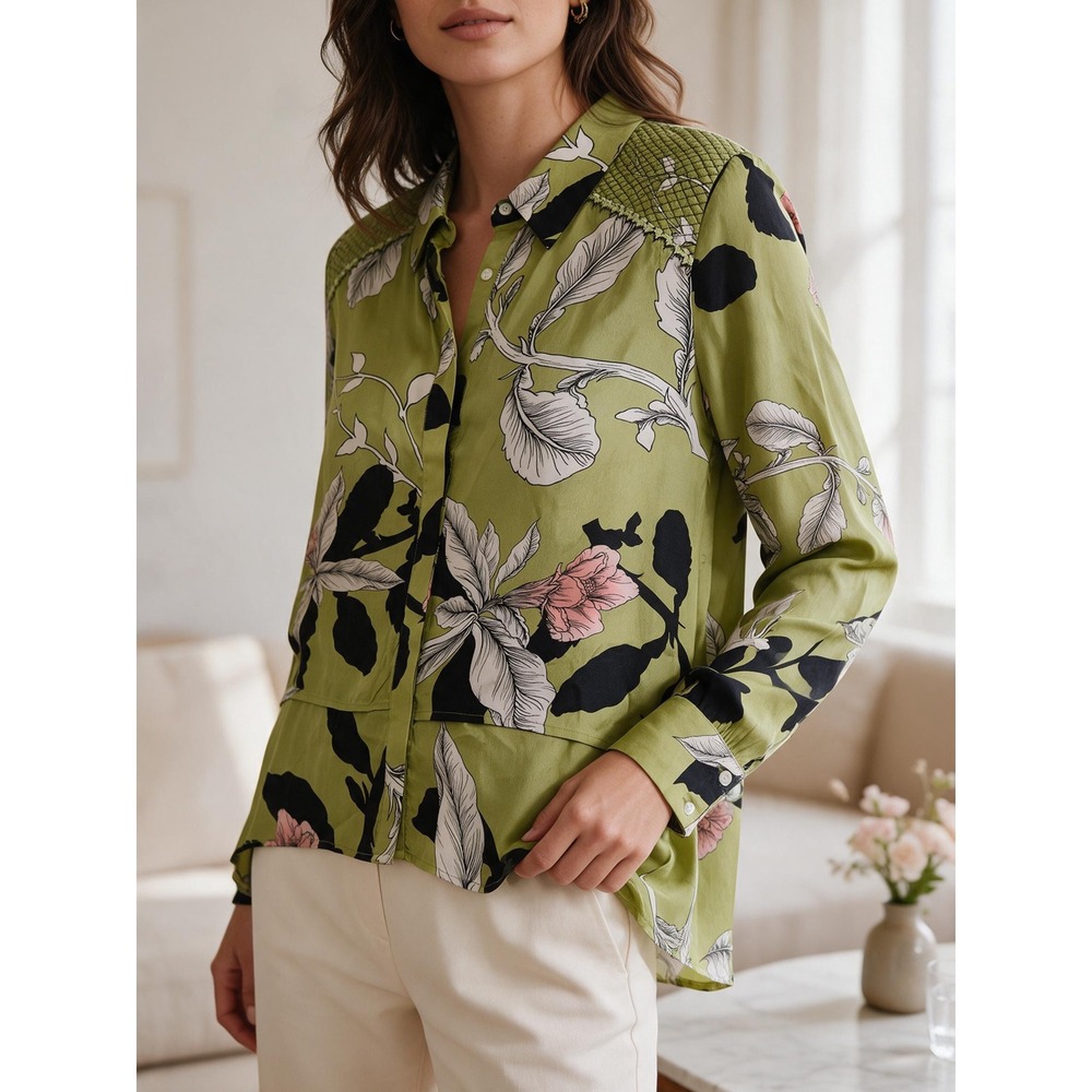 Boho Vineet Bahl Floral High Low Blouse Size S Olive Green Botanical Print